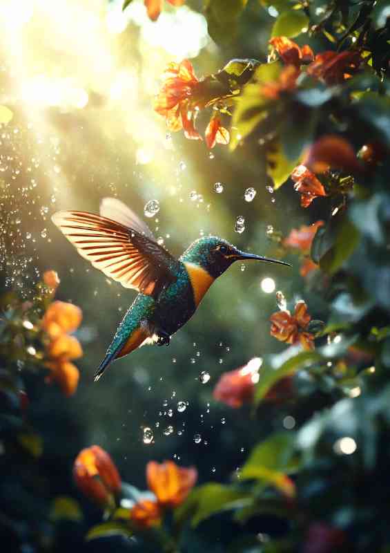 Hummingbird near vibrant flowers | Di-Bond