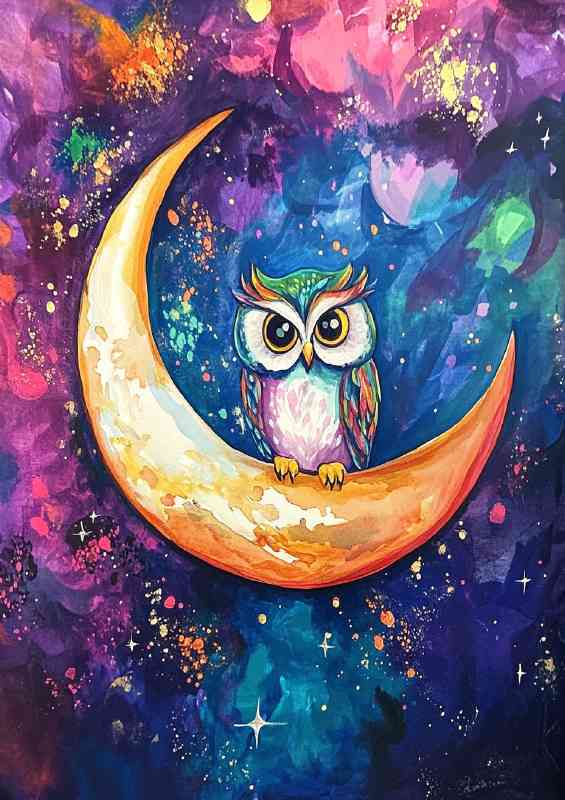 Owl sitting on the crescent moon surrounded by night stars | Canvas