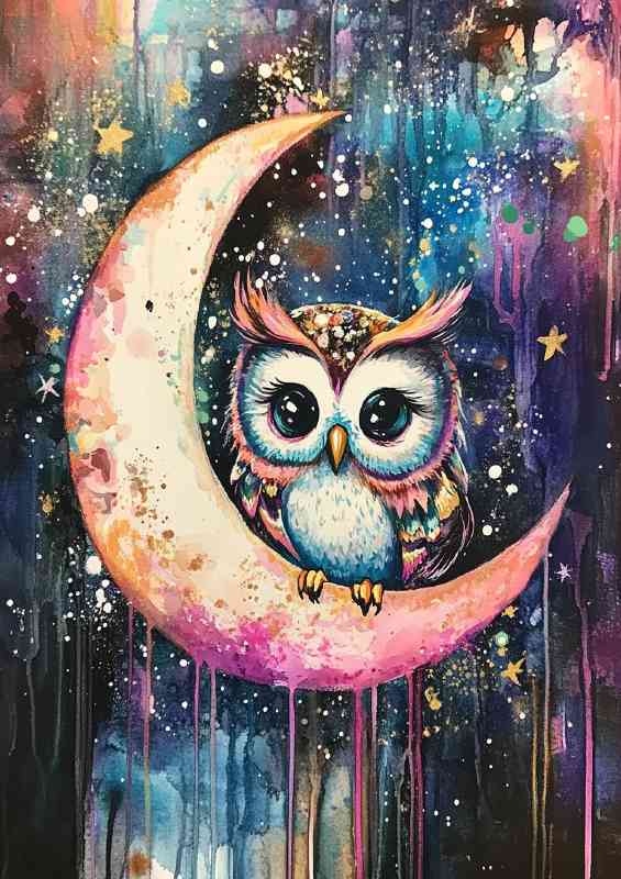 Owl sitting on the crescent moon surrounded by stars | Poster