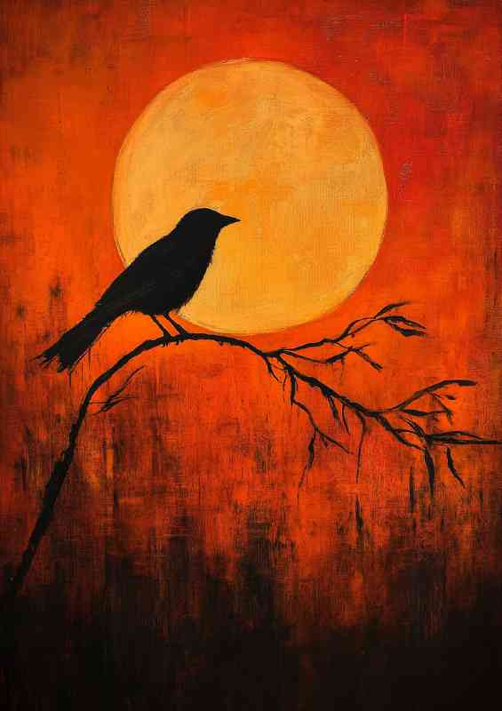 Painting of a bird perched on a branch silhouetted | Metal Poster
