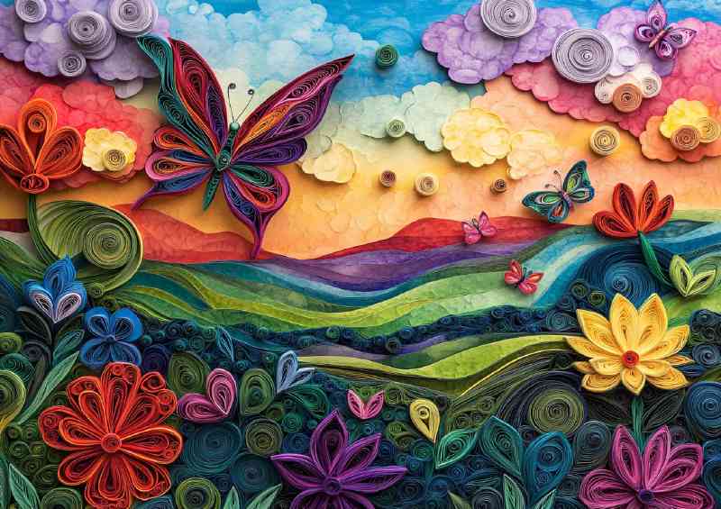 Butterfly flying over the rainbow colored hils | Poster