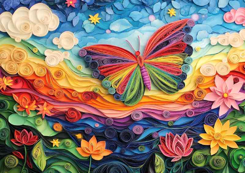 Butterfly with rainbow wings flies over countryside | Poster