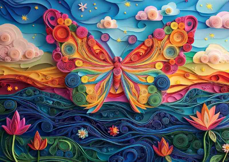 Butterfly with rainbow wings flies over the hills | Poster