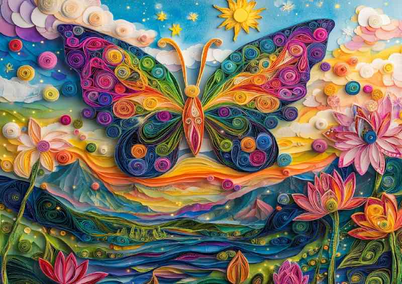 Butterfly with rainbow wings flies over the mountains | Poster