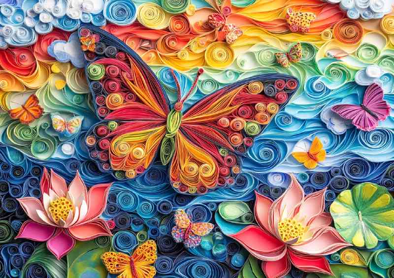 Colorful butterfly flying over the rainbow colored flowers | Poster