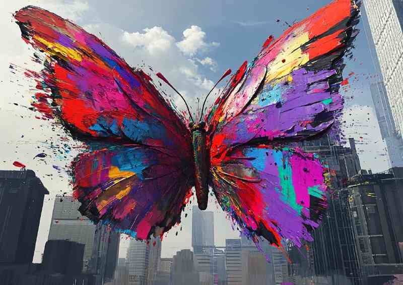 Colorful butterfly with wings made of paint over city | Poster
