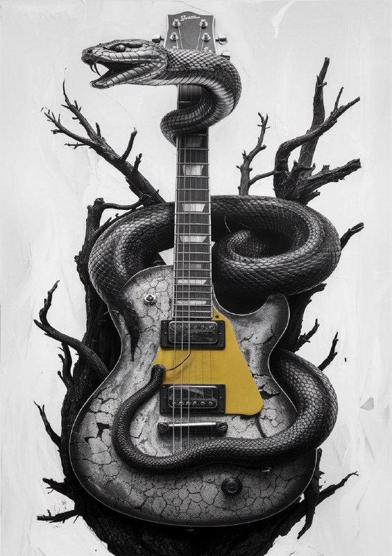 Black and white photo of a guitar with a unique snake | Canvas