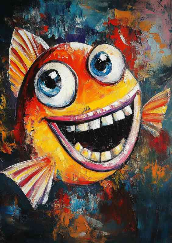 Abstract art painting of happy funny and cute cartoon fish | Metal Poster