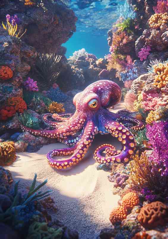 Octopus in the ocean surrounded by vibrant colours | Metal Poster