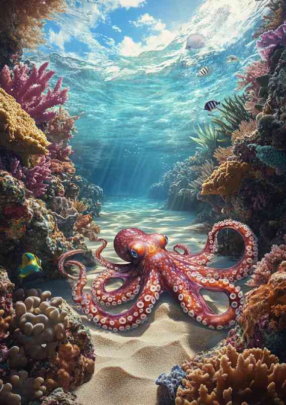 Octopus in the ocean surrounded by vibrant corel colours | Canvas