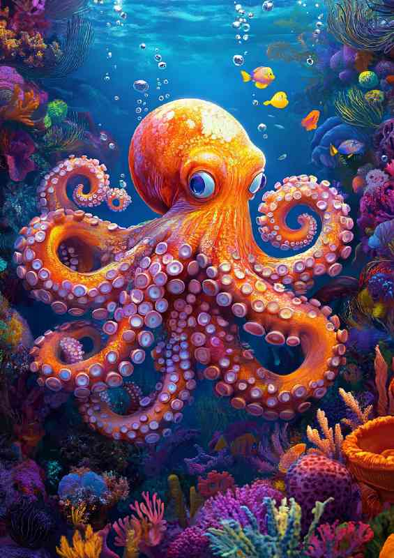 Octopus swimming under the sea surrounded by coral | Canvas