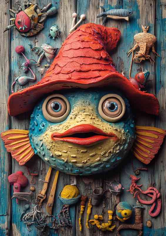 Whimsical fish wearing an oversized red hat | Metal Poster