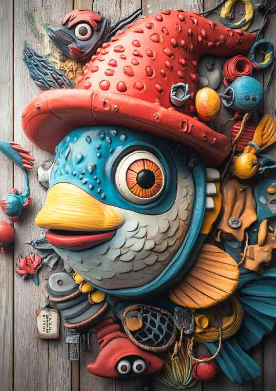 Whimsical fish wearing an oversized red hat happy | Di-Bond