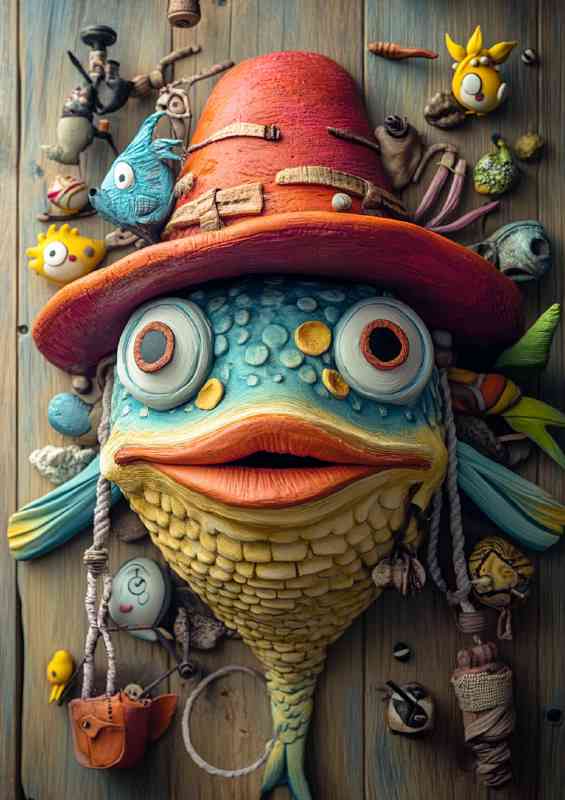 Whimsical fish wearing an oversized red hat surrouned | Metal Poster
