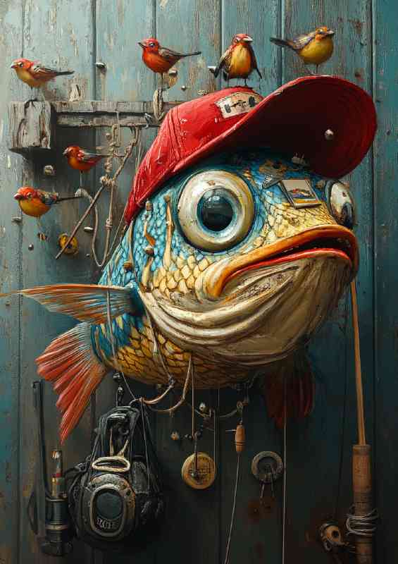 Whimsical surreal colorful fish wearing red hat | Canvas