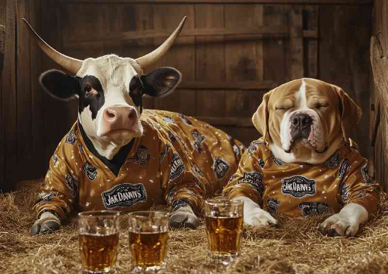 Cow and a dog wearing pajamas lying on the hay getting drunk | Poster