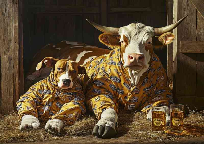 Cow and a dog wearing pajamas lying on the hay having a beer | Canvas