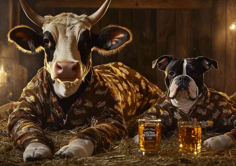 Cow and a dog wearing pajamas lying on the hay having beers | Canvas