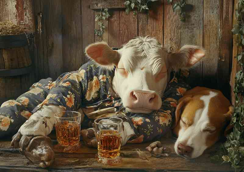 Cow and dog wearing pajamas sleeping in the barn after beers | Poster