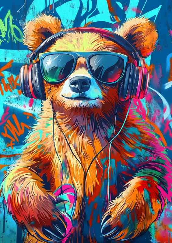 Bear wearing sunglasses and headphones | Canvas
