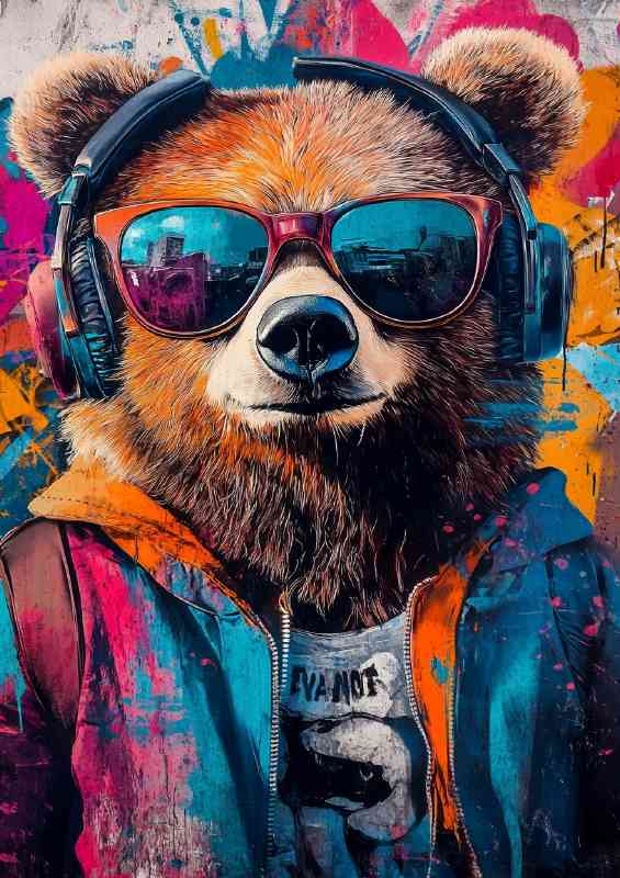 Bear wearing sunglasses and headphones dressed in hip hop | Poster