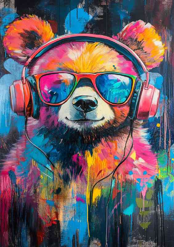 Colorful painting of an adorable bear wearing headphones | Poster
