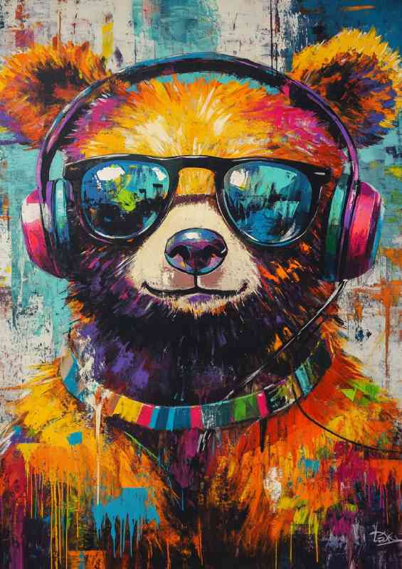 Colorful painting of an adorable bear wearing headphones and glasses | Poster