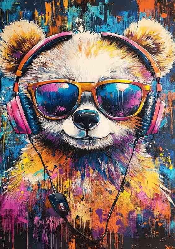 Colorful painting of an adorable bear wearing headphones splash art | Poster