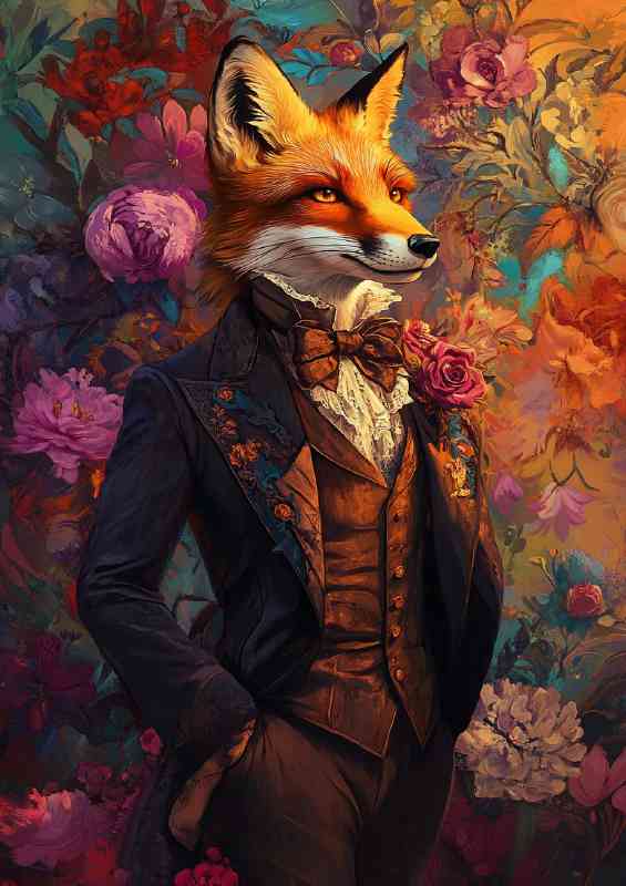 Fox in a Victorian style suit set against a colorful background | Di-Bond