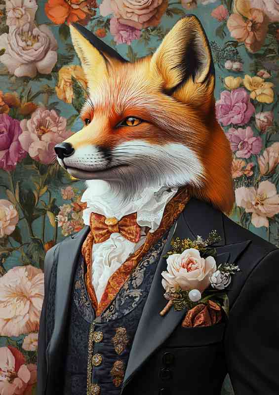 Fox in a Victorian-style suit set against a colorful wallpaper | Metal Poster