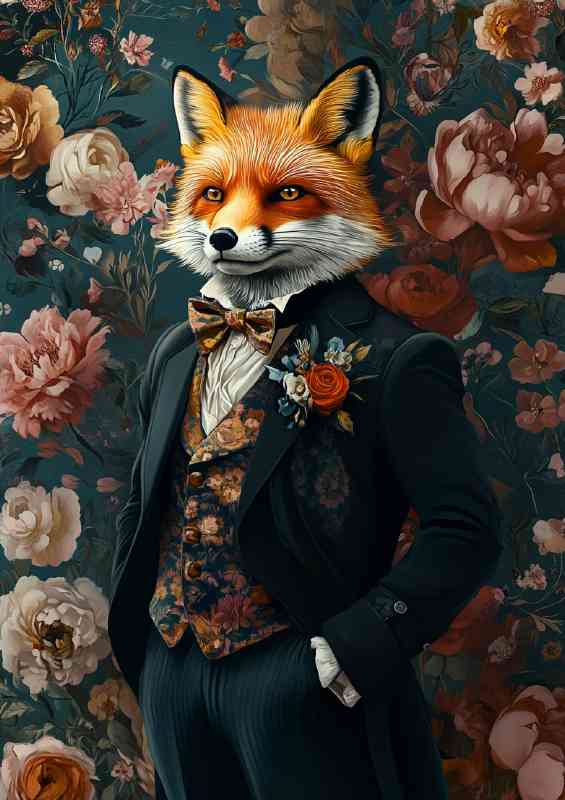 Fox in a Victorian-style suit set against a floral backdrop | Poster