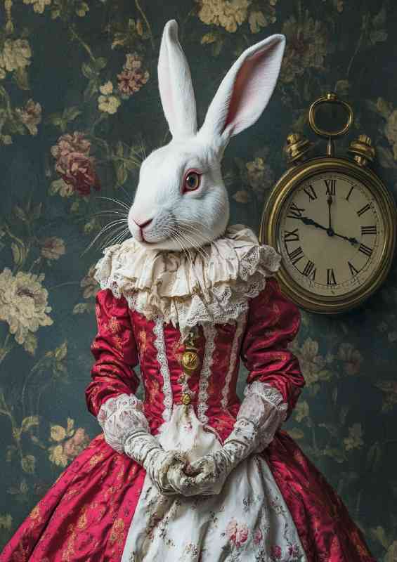 white rabbit dressed in victorian with clock | Poster
