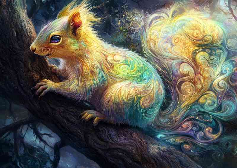 Colorful fantasy art of an iridescent squirrel in a tree | Poster