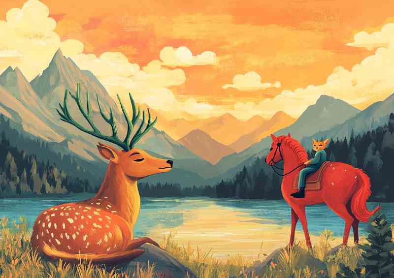 Deer with green antlers resting by the lake | Canvas