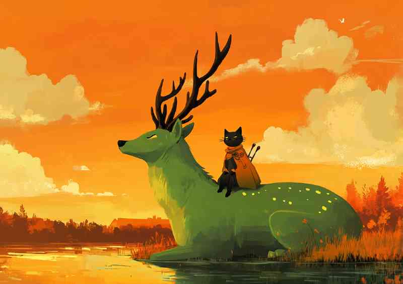 Giant green deer with antlers sitting by the lake orange sun | Di-Bond