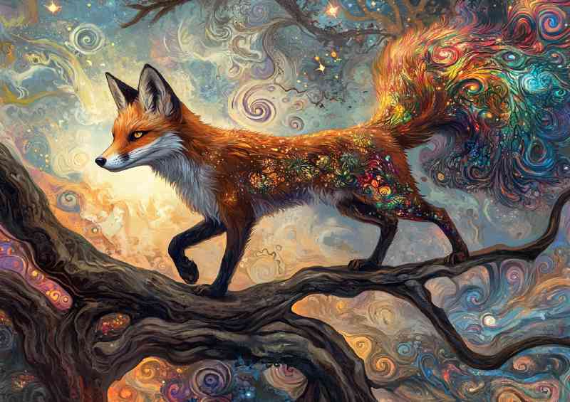 Whimsical fox its tail on the branch of a tree | Di-Bond