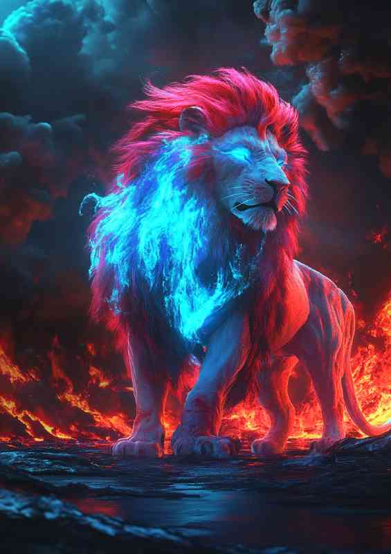 A glowing neon red and blue lion | Metal Poster