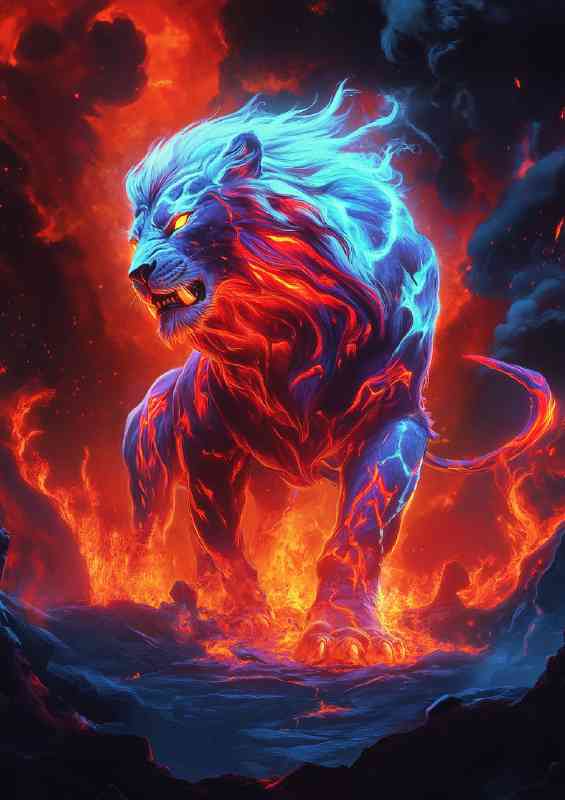 A glowing neon red and blue lion with fire in the background | Metal Poster