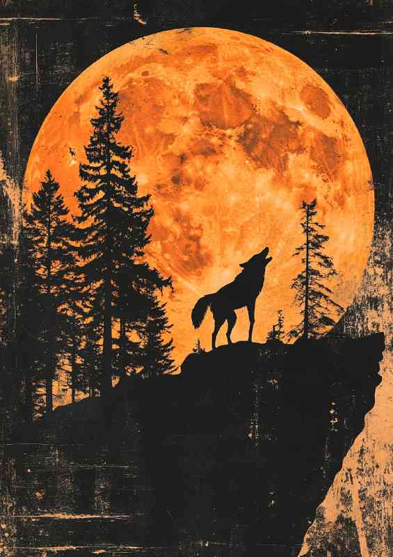 A large orange moon setting behind tall trees and the wolf | Metal Poster
