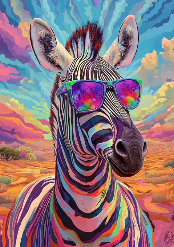 A psychedelic zebra wearing sunglasses the setting skies | Metal Poster