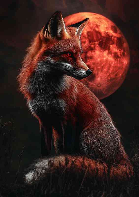 A red fox stands against a crimson moon | Metal Poster