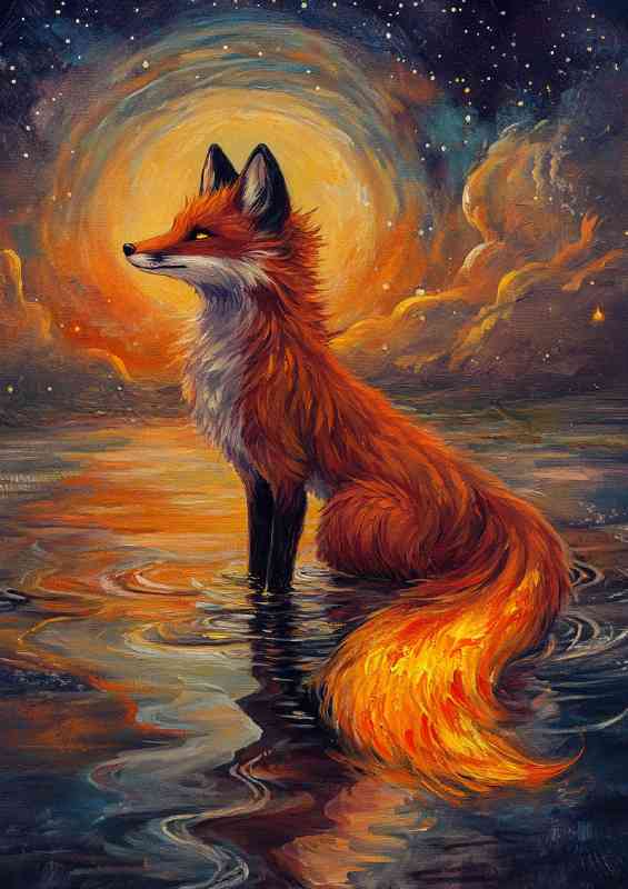 A red fox with orange fur sits in the water with a glowing tail | Metal Poster