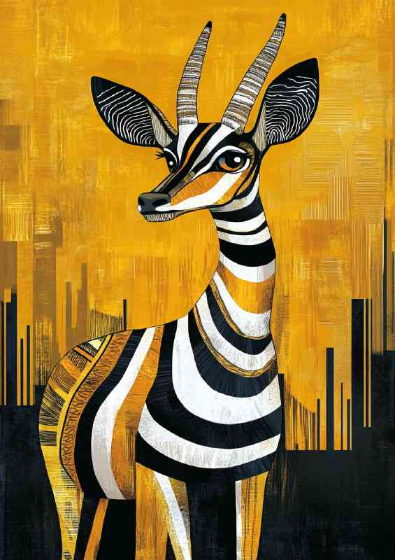 An antelope in the style of art deco inspired black gold and white | Metal Poster