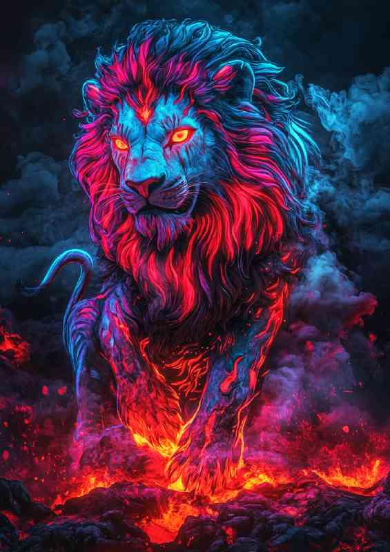 Glowing neon red and blue lion | Metal Poster