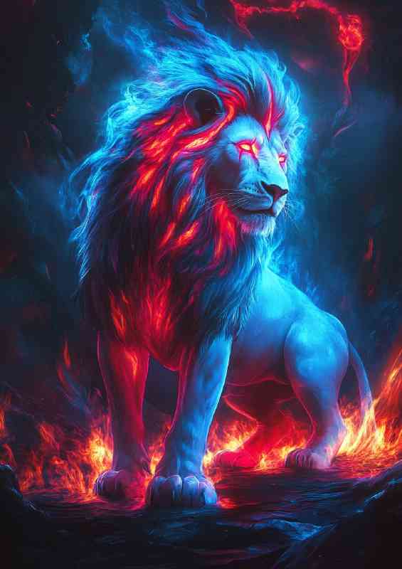 Glowing neon red and blue lion with fire | Metal Poster