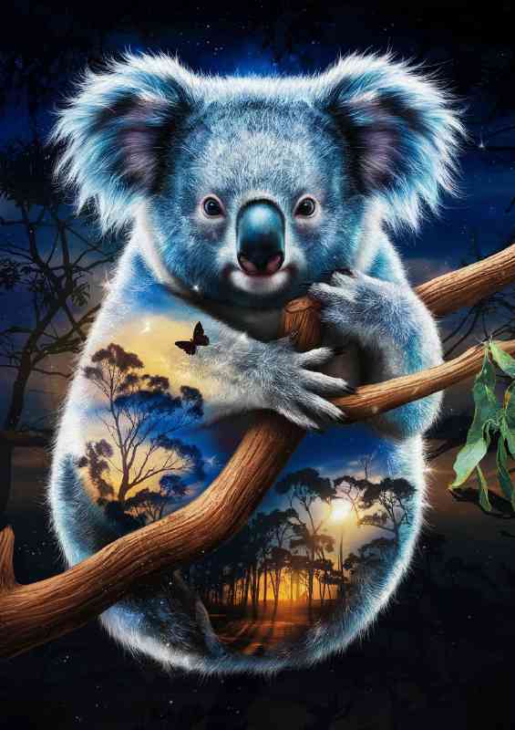 Koala with shimmering blue andt trees | Metal Poster