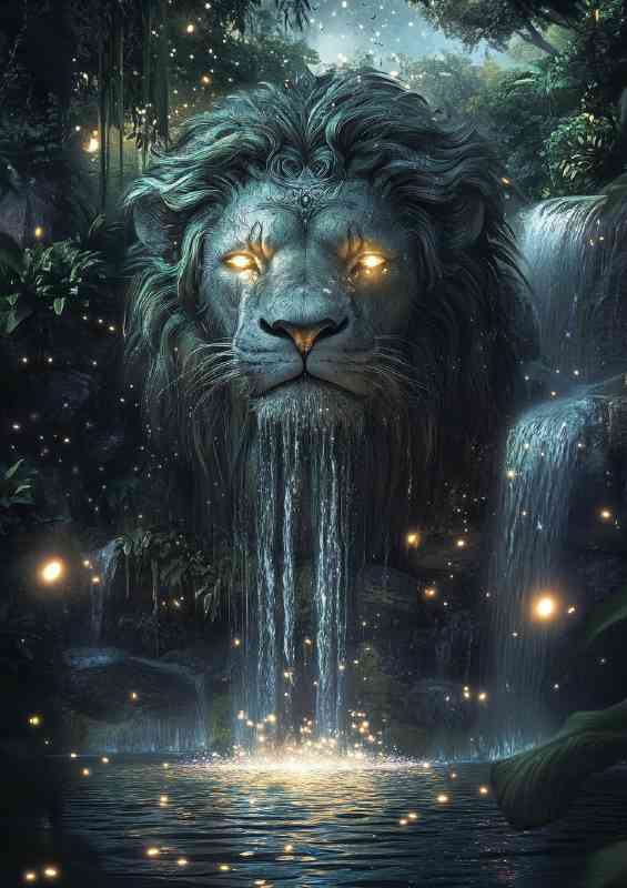 Majestic lion statue with intricate details and glowing eyes | Metal Poster