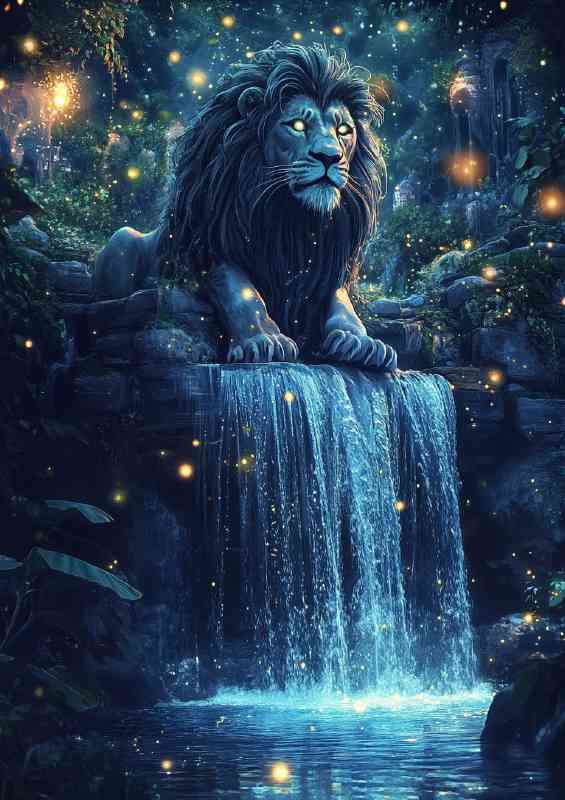 Majestic lion statue with intricate details and waterfall | Poster