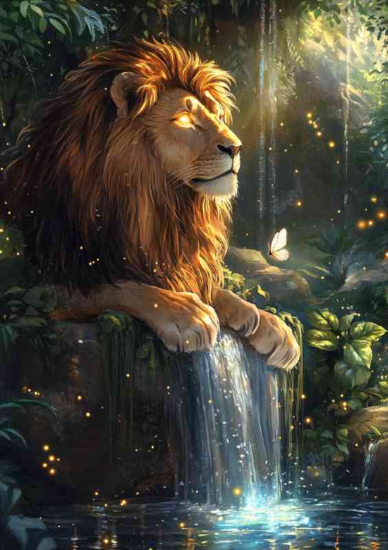 Majestic lion with glowing eyes sits at the edge of the waterfall | Metal Poster
