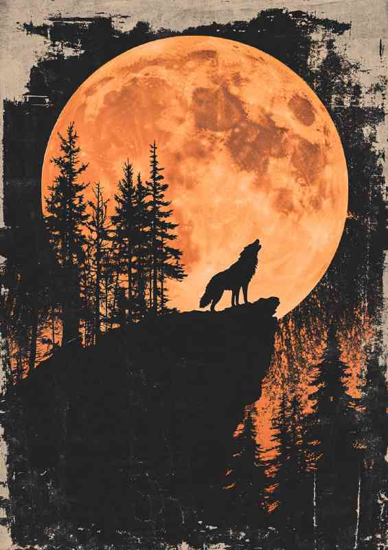 Orange moon setting behind tall trees and howling wolf | Poster